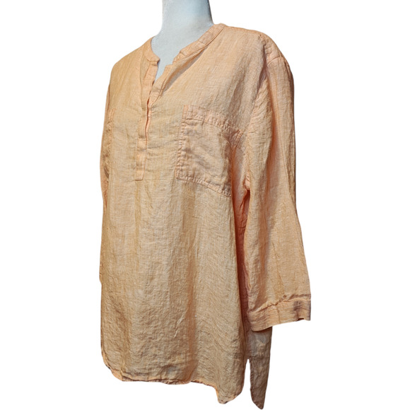 Chico's Leslie Linen Tunic Top Peach Size 3 (XL 16) Button V-Neck Crest Pockets - Picture 1 of 10
